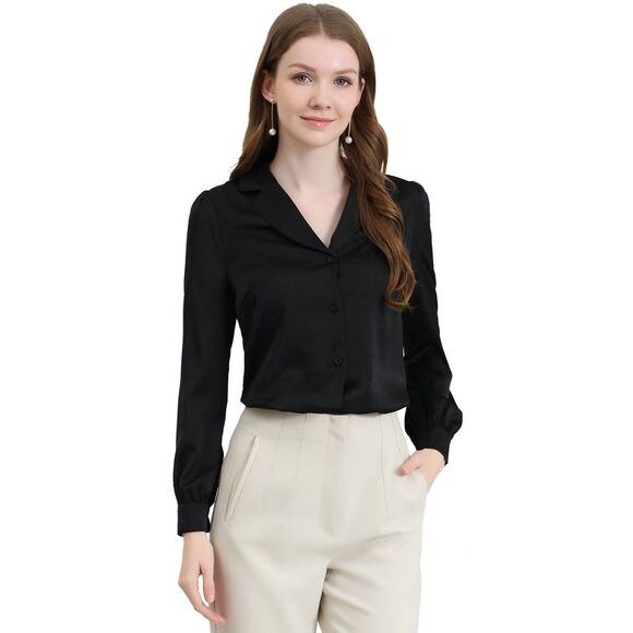 Women's Collar Blouse Long Sleeve Satin Button Down Shirt Black - Picture 1 of 6
